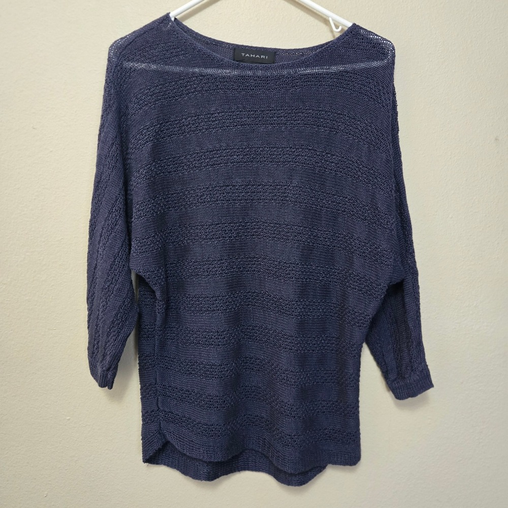 Tahari 100% Linen Sweater XS Blue Gray Batwing Sleeve Knit Boat Neck Top